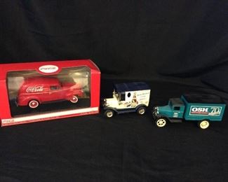 Pepsi and OSH Die Cast Coin Money Truck Banks and 1940 CocaCola Sedan Delivery