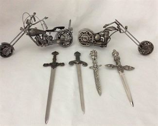 Unique Scrap Metal Harley Davidson Style Choppers and Ornate Stainless Steel Sword Letter Openers