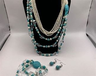 Natural polished quartz pearl & blue turquoise nugget necklace with Matching bracelet and earrings