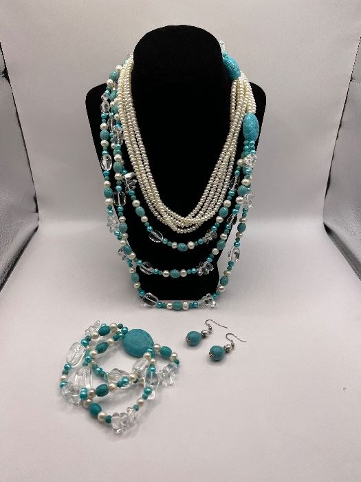 Natural polished quartz pearl & blue turquoise nugget necklace with Matching bracelet and earrings