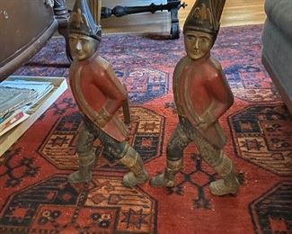 Pair of Hessian andirons. According to the homeowner when her grandmother wanted a fire, she would remove them from the fireplace so they wouldn't get black.