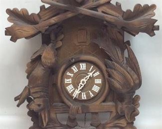 VTG. W. GERMAN CUCKOO CLOCK, STAG DESIGN TOP, RABBIT AND BIRD ON THE SIDES, 2 PINECONE WEIGHTS