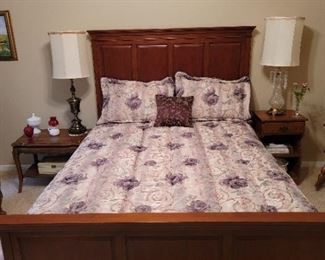 Queen Bed & Mattress, Ethan Allen Side Table (right), Bassett Side Table (left)