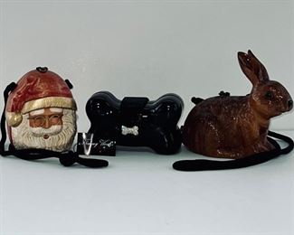 Timmy Woods purses:  Santa, lacquered dog bone; rabbit