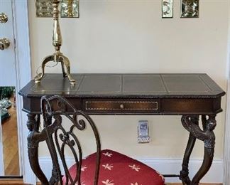 Leather top writing desk; chair; brass lamp