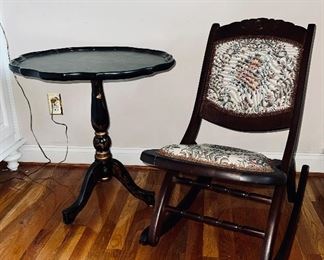 Tilt top Pie Crust table; antique folding rocking chair