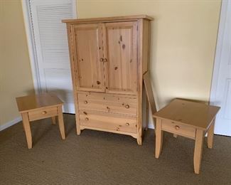 Broyhill Pine armoire & matching side tables. Matching coffee table also available.