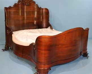  75 - Rosewood rococo laminated bed signed J. H. Belter, Pat. August 19, 1858, in new like condition and new custom made mattress, 61.5 in. T, 74 in. L, 57 in. W.