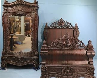80 - Rosewood heavily carved 2 piece bedroom suite attrib. to Alexander Roux, bed stands 3 ft. 2 in. T, 48 in. W. 76 in. L. with custom mattress. 