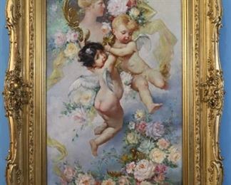 86 - Breathtaking large 19th Century oil on canvas portrait beauty, cavorting cherubs and floral sprays in incredible gold giltwood frame, H. 5 ft., W. 38 in. 
