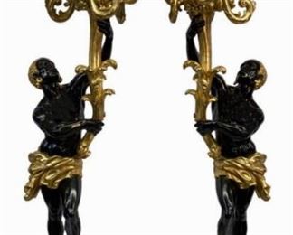 53 - Large and Impressive Gilt polychromed Wood with fruit Carved Bases and outstanding candelabra seven light tops H. 7 Ft. ,1 Inch