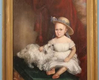  49 - Oil on canvas portrait of young girl in hat with dog, possibly member of the Shackleford family of canton, MS. Relined canvas is signed and dated 1849,  40 x 30, Artist  Poindexter