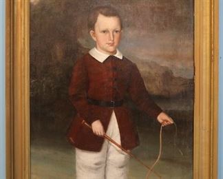 51 - Oil on canvas portrait  of Young boy with whip, possibly member of the Shackleford family of Canton Ms.  Relined Canvas is signed and dated 1849, Artist - Poindexter, 40 x 30