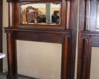159 - Pair of hard to find, identical solid oak mantles with great original finish, from a 1910 demolished home, 7 ft. 8 in. T, 62 in. W, 12 in. D.