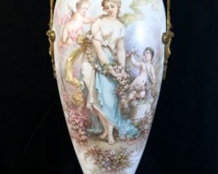 The absolute most beautiful palatial scenic Serves urn on swivel base with extraordinary gilt bronze mounts, artist signed Poitevin, H.  43 in., W. 13 in.