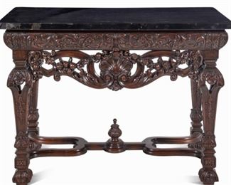 92A -  Fine Walnut Renaissance Revival , Finely Thick Fruit and Shell Pierced carving on all 3 sides Console with one and  a quarter inch Black and Gold Marble L. 4 Ft. 1 Inch, H. 3 Ft. 1 inch , D. 22 In.