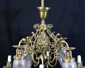 Gas electric brass chandelier with tea drop shades, 40 in. T, 26 in. Dia.
