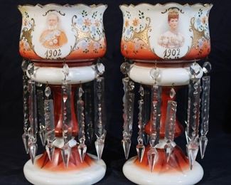  24 - Very rare pair of double hung lusters, King Edward 7th Queen Alexandra, 13.5 T. x 7 in . D.