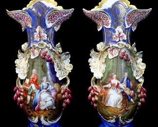 63 - Magnificent monumental pair of 19th Century Old Paris scenic vases, T, 24 in., W, 12 in.