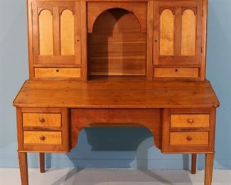 57 - Early plantation desk, cherry and Birdseye maple with fitted interior ca. 1840, 70 in. T, 62 in. W, 31 in. D.