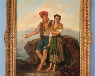  32 - European oil on canvas of couple by the sea in gold gilded Victorian frame, 36 x 30, ca. 1880