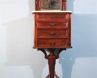  35 - Very rare walnut shaving stand with original finish, white marble top and mirror, 77 x 20 x 16