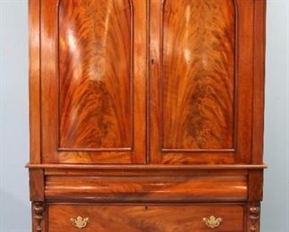 85 - Large English mahogany linen press in great condition with original slides, 7 ft. 3 in. T, 5 ft. W, 21 in. D.