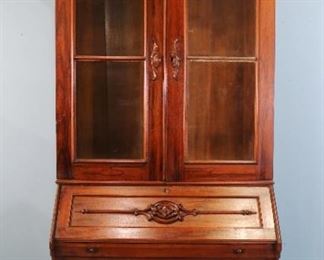 93 - Rosewood Victorian secretary with wood carving and pulls, 90 in. T, 43 in. W, 20 in. D.