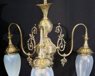 1859a - Brass chandelier with 3 tear drop shades with swirl art glass, 60 in. T, 22 in. W, 22 in. D.