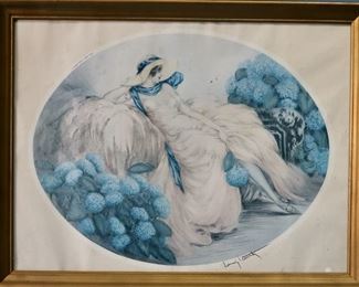 251 - Print of girl in garden with blue hydrangea, by Louis Icart, 20.5 in. x 26.5 in.