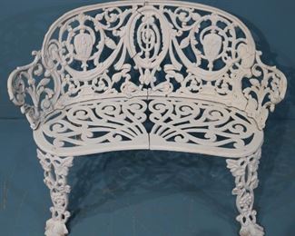 269 -  Cast iron love seat in grape design, 28.5 in. T, 38 in  W, 12 in. D.