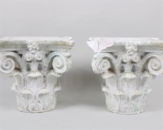 Lot 4: Pair of White Architectural Corinthian Column Capitals Pedestals, Plant Stands  ***For more item and bidding information, see http://www.publicsale.com.***