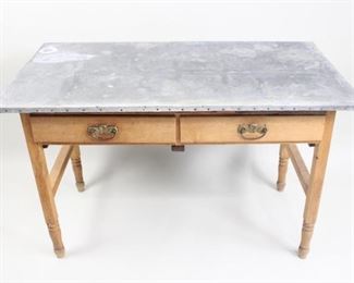 Lot 5: Pine Wood Zinc Top Desk Table & Pullout Surfaces, Primitive  ***For more item and bidding information, see http://www.publicsale.com.***