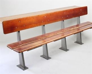 Lot 9: Long Industrial Fold Up Lecture Hall School Bench w/ Wood Seats & Metal Legs  ***For more item and bidding information, see http://www.publicsale.com.***