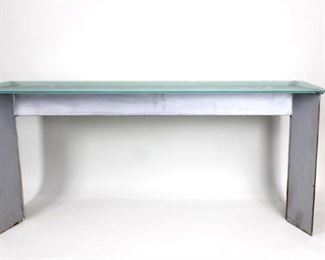 Lot 11: Industrial Postmodern Plate Steel & Glass Console Table, Custom Made  ***For more item and bidding information, see http://www.publicsale.com.***