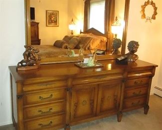 French Provincial Vintage Queen Bedroom Suite with Cherub Brass Lighting 