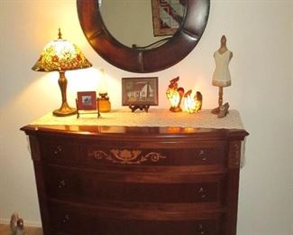 Antique Edwardian Inlaid English Demilune Cabinet Commode ~ Tiffany Style Stained Glass Lighting~ Round Wall Mirror ~ Accents 