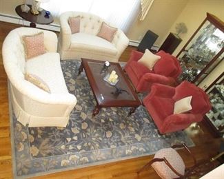 Living Room Suite Complete with Two Matching Sofas & Two Matching Arm Chairs ~ Rug ~ Pair of Lighted Curio Cabinets