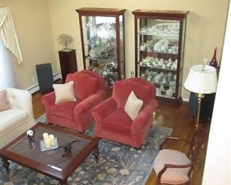 Living Room Suite Complete with Two Matching Sofas & Two Matching Arm Chairs ~ Rug ~ Pair of Lighted Curio Cabinets ~ Lighting And More 