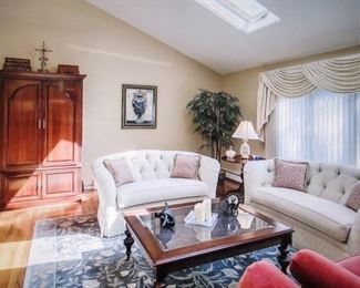 Living Room Suite Complete with Two Matching Sofas & Two Matching Arm Chairs ~ Rug ~ Pair of Lighted Curio Cabinets ~ Armoire ~ Lighting And More 