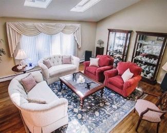 Living Room Suite Complete with Two Matching Sofas & Two Matching Arm Chairs ~ Rug ~ Pair of Lighted Curio Cabinets ~ Lighting And More 