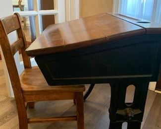 Child's school desk and wooden chair
