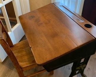 Childs Antique School inkwell Desk with Chair