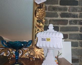 Gold Mantle Mirror and Milk Glass and more Rare Glass throughout the Estate Sale