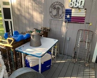 TREE SWINGS and chains     Vintage Porcelain white and Blue table         Canton Grocery Carrying Rolling Baskets 