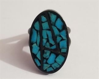 Vintage signed Southwest sterling silver & Turquoise chip ring