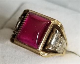 Vintage heavy 10k white & yellow gold men's ring with red stone