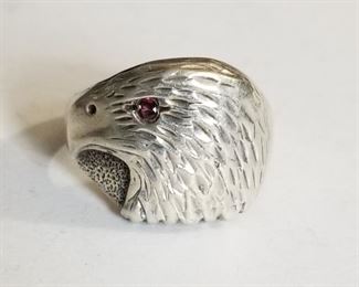 Sterling silver Eagle head ring with tiny Garnet eye