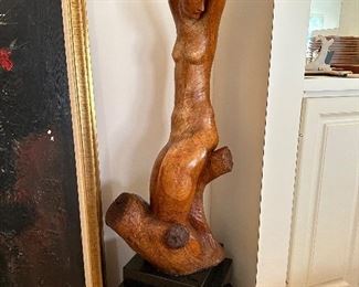 MCM Large Wood Carved Female Statue With Base