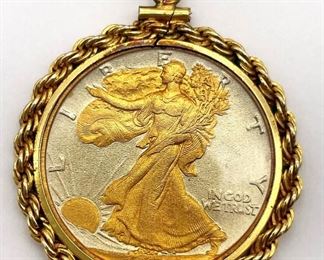 14k Gold Necklace With Walking Liberty Half Dollar